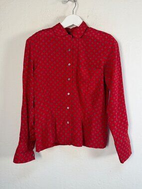 Charter Club Jane Justin Womens Red Geometric Silk Long Sleeve Top Size 12P VTG